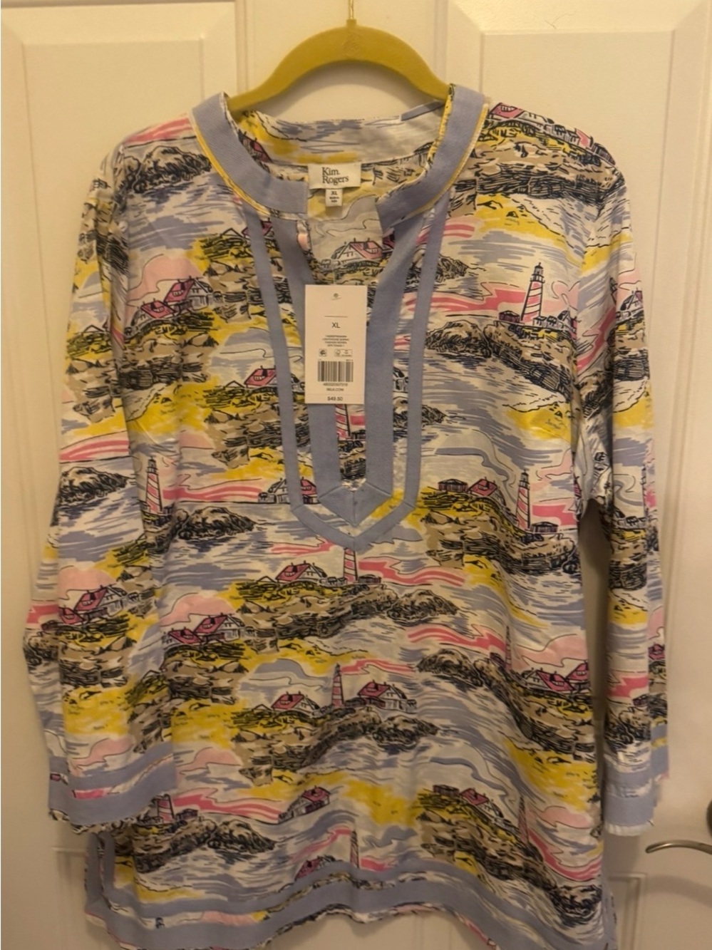 Kim Rogers Pastel Coastal-Print Long Sleeve Tunic in Blue, Pink, Yellow
